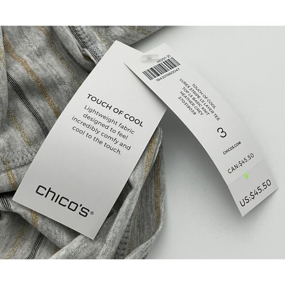 Chicos Touch of Cool Lurex Metallic Stripes Layering Tee Silver Gold Ch3 LG NWT - Picture 7 of 8